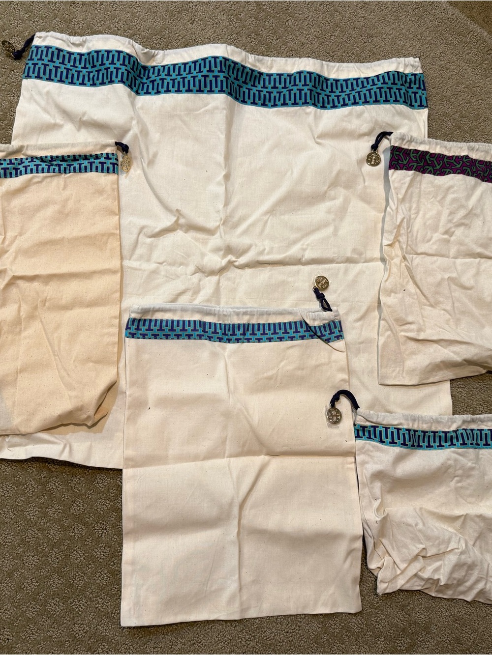 Set of 5 Tory Burch Cream Drawstring Cosmetic Pouch Set with Blue Trim